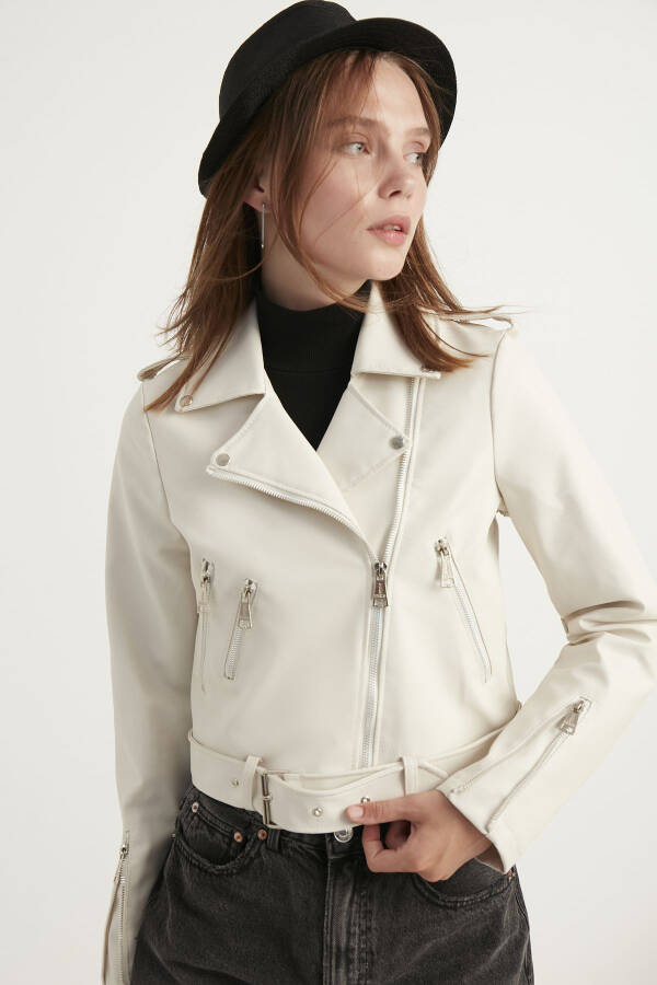 Women's Cream Leather Jacket - 1