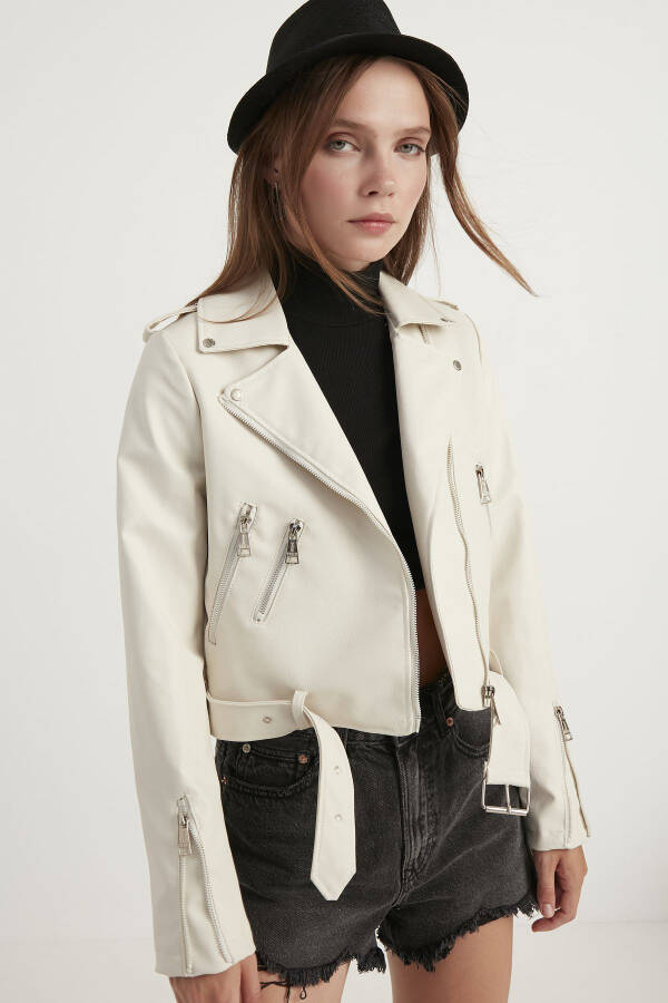 Women's Cream Leather Jacket - 2