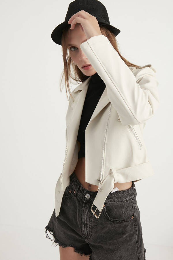 Women's Cream Leather Jacket - 3