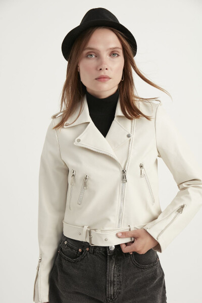 Women's Cream Leather Jacket - 4