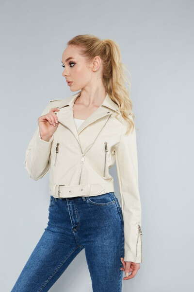 Women's Cream Leather Jacket with Zipper Sleeves - 13