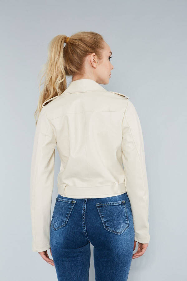 Women's Cream Leather Jacket with Zipper Sleeves - 14