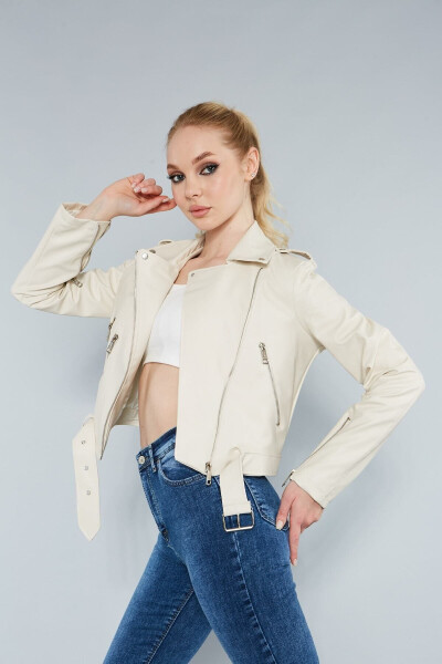 Women's Cream Leather Jacket with Zipper Sleeves - 1