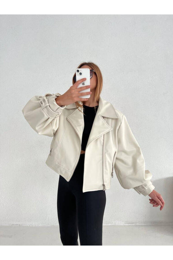 Women's Cream Oversized Leather Jacket - 1