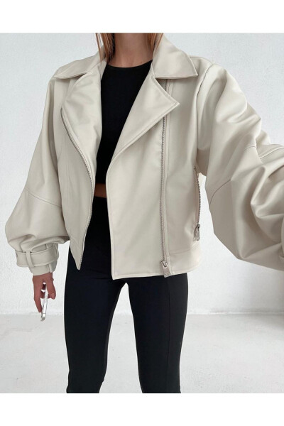 Women's Cream Oversized Leather Jacket - 2