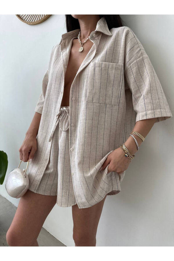 Women's Cream Striped Linen Oversize Shirt Shorts Set - 3