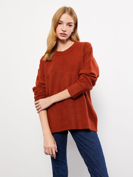 Women's Crew Neck Plain Long Sleeve Knit Sweater - 2