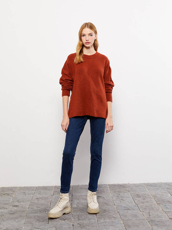 Women's Crew Neck Plain Long Sleeve Knit Sweater - 3