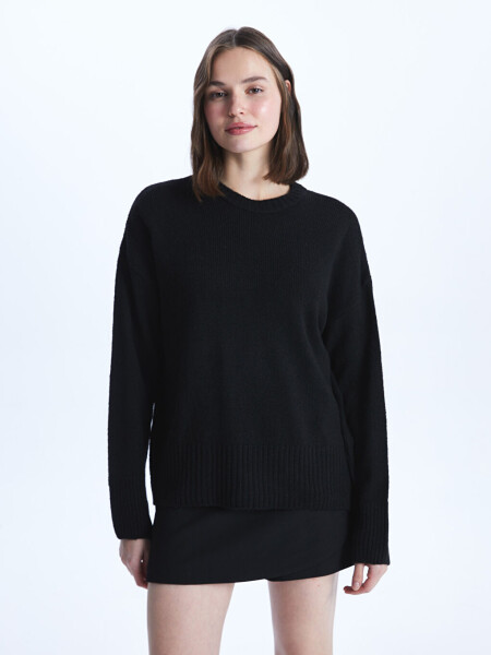 Women's Crew Neck Plain Long Sleeve Knit Sweater - 1