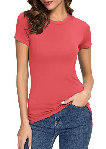 Women's Crewneck Slim Fitted Short Sleeve T-Shirt Stretchy Bodycon Basic Tee Tops - 1