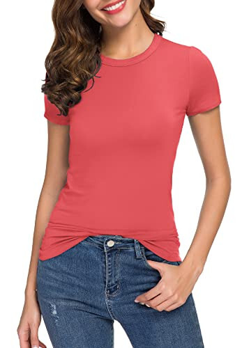 Women's Crewneck Slim Fitted Short Sleeve T-Shirt Stretchy Bodycon Basic Tee Tops - 2