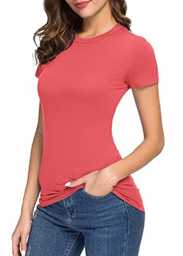 Women's Crewneck Slim Fitted Short Sleeve T-Shirt Stretchy Bodycon Basic Tee Tops - 3