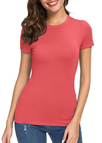 Women's Crewneck Slim Fitted Short Sleeve T-Shirt Stretchy Bodycon Basic Tee Tops - 4