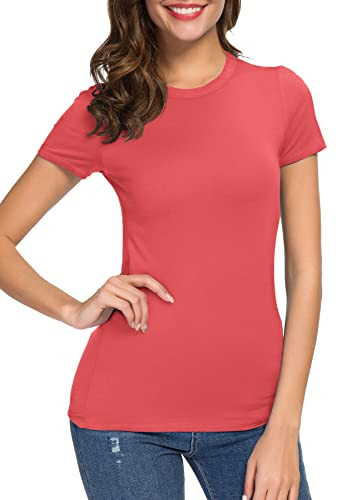 Women's Crewneck Slim Fitted Short Sleeve T-Shirt Stretchy Bodycon Basic Tee Tops - 5