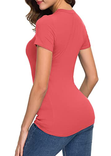 Women's Crewneck Slim Fitted Short Sleeve T-Shirt Stretchy Bodycon Basic Tee Tops - 6