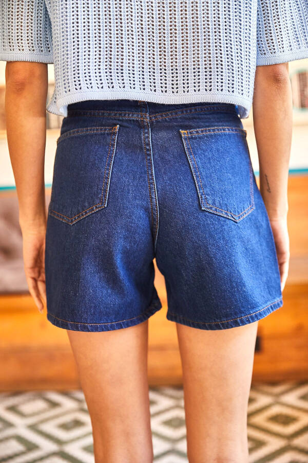 Women's Dark Blue High Waisted Mom Denim Shorts SRT-19000037 - 5