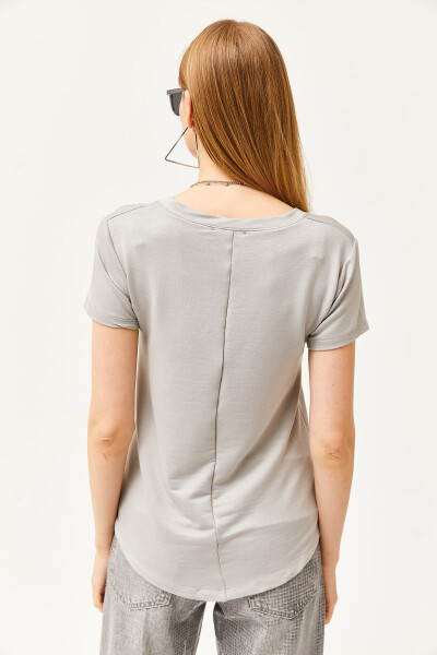 Women's Dolphin Grey Deep V-Neck Modal Buttoned T-Shirt TSH-19000773 - 6