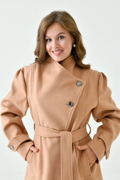 Women's Double-Breasted Long Sleeve Camel Coat with Belt - 1