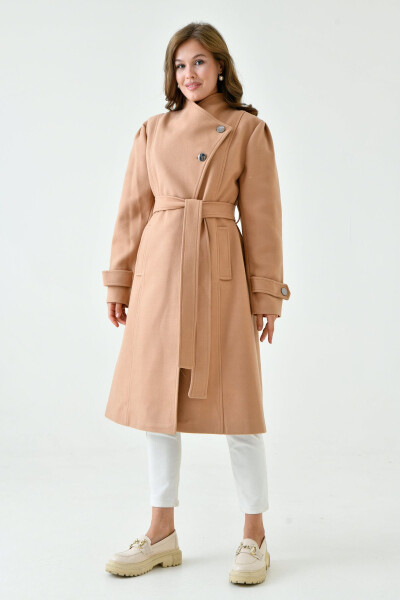 Women's Double-Breasted Long Sleeve Camel Coat with Belt - 2