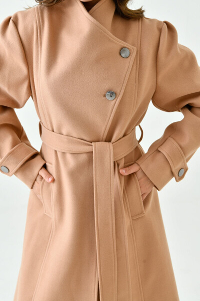 Women's Double-Breasted Long Sleeve Camel Coat with Belt - 3