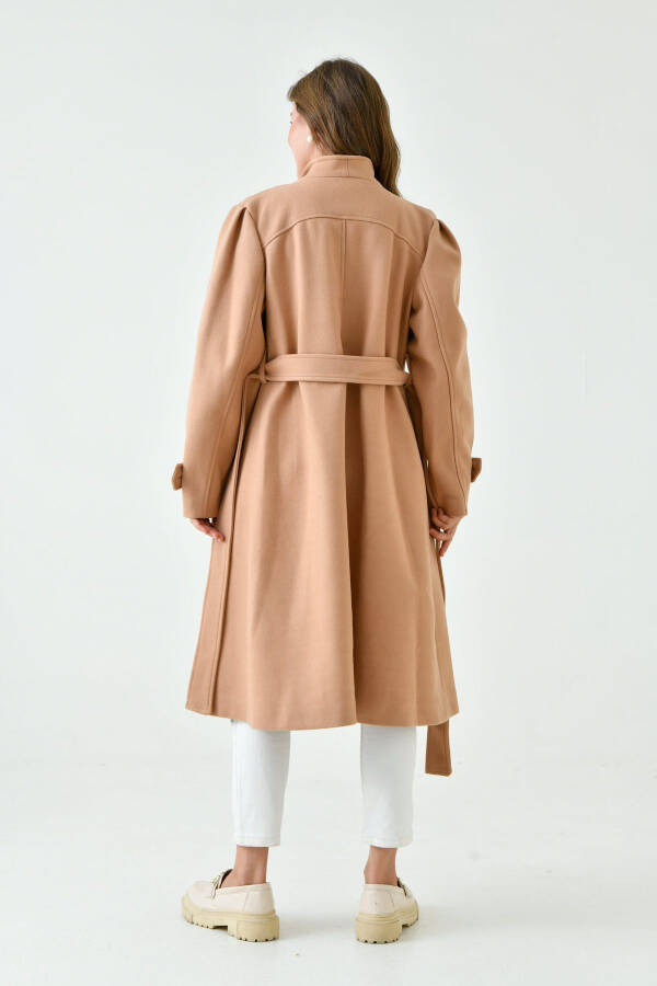 Women's Double-Breasted Long Sleeve Camel Coat with Belt - 4