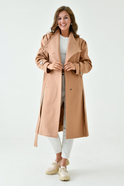 Women's Double-Breasted Long Sleeve Camel Coat with Belt - 5