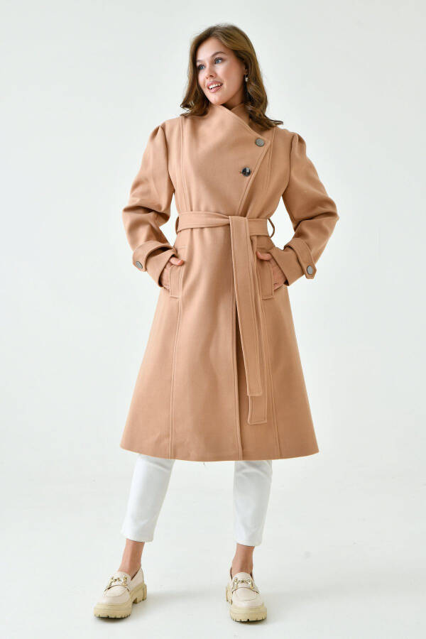 Women's Double-Breasted Long Sleeve Camel Coat with Belt - 6