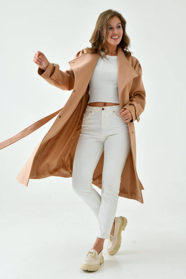 Women's Double-Breasted Long Sleeve Camel Coat with Belt - 7