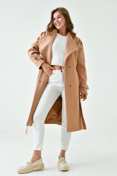 Women's Double-Breasted Long Sleeve Camel Coat with Belt - 8