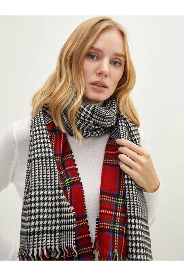 Women's Double-Sided Plaid Red Scarf - 1