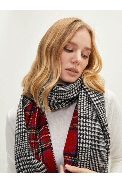 Women's Double-Sided Plaid Red Scarf - 3