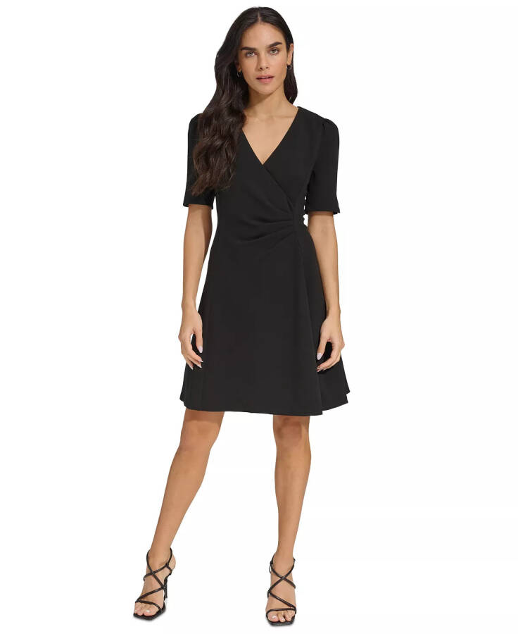 Women's Draped-Front Puff-Shoulder A-Line Dress Black - 1