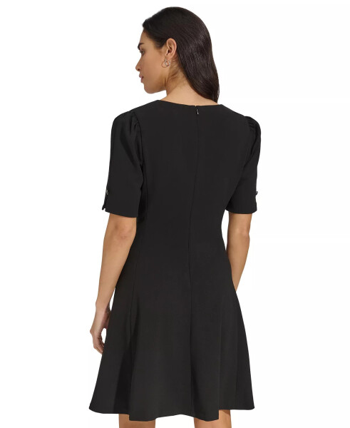 Women's Draped-Front Puff-Shoulder A-Line Dress Black - 2