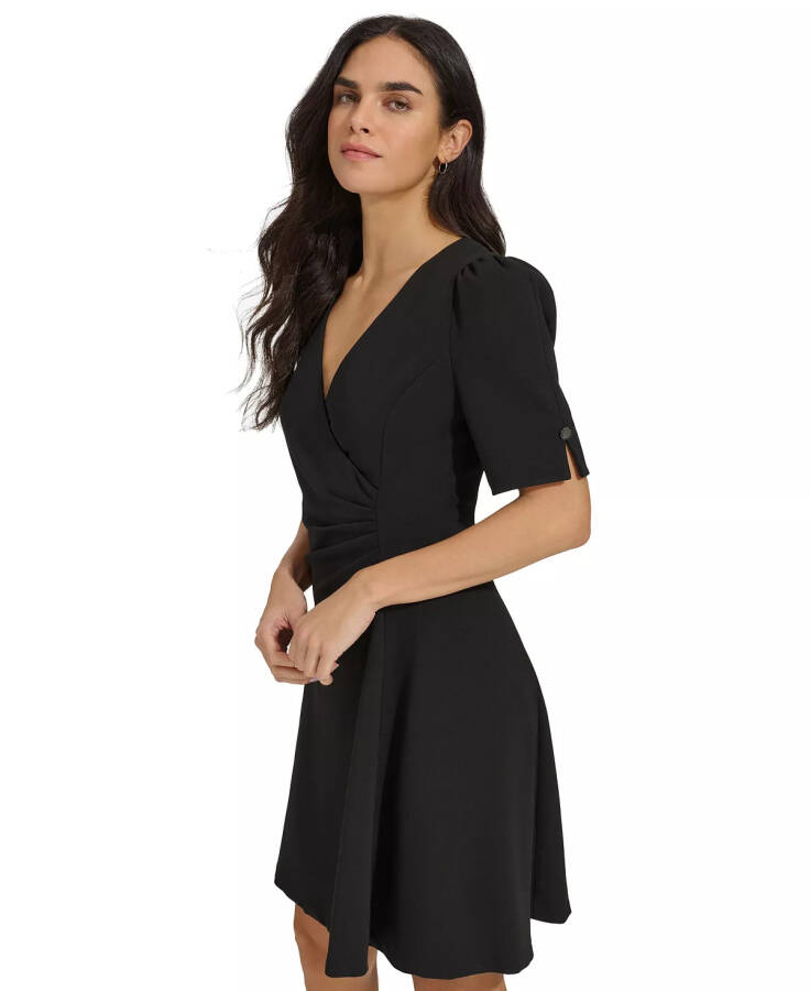 Women's Draped-Front Puff-Shoulder A-Line Dress Black - 3