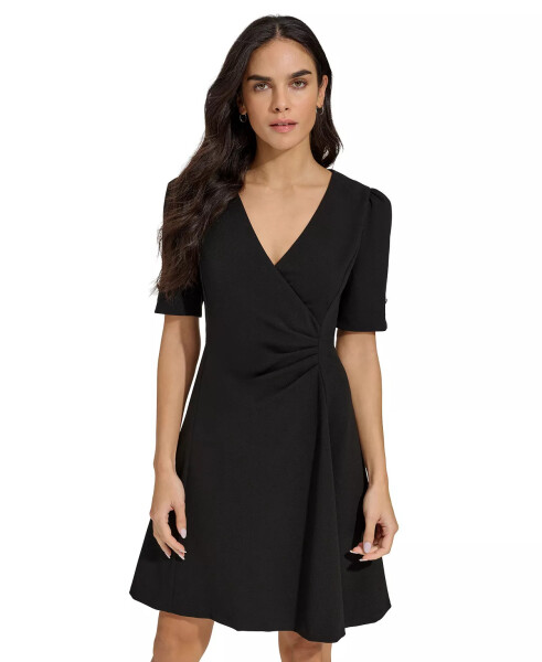 Women's Draped-Front Puff-Shoulder A-Line Dress Black - 4