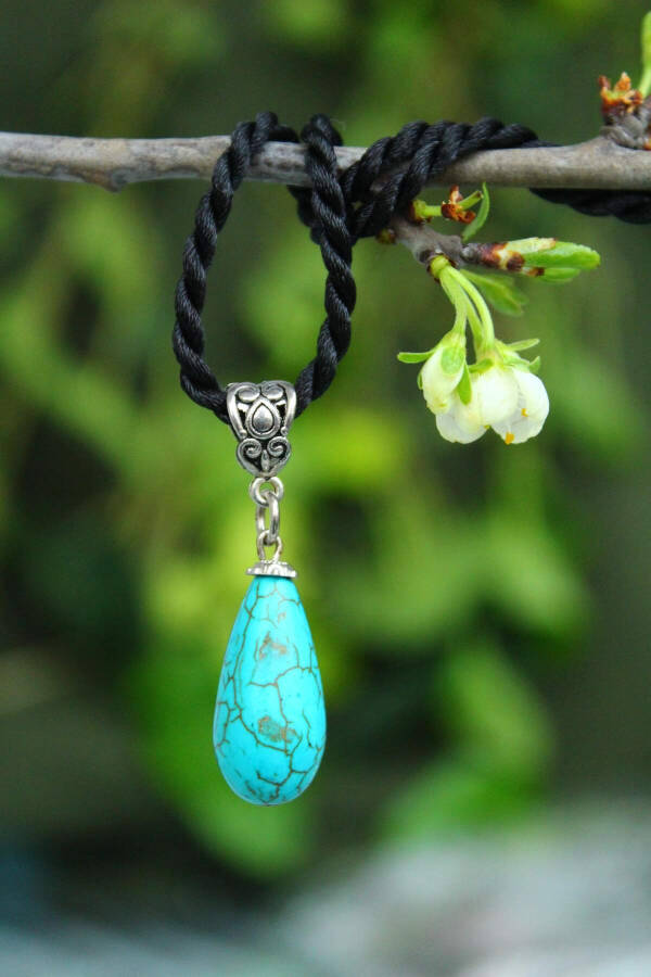 Women's Drop Necklace Turquoise Pendant Natural Stone Silk Cord Gift - 1