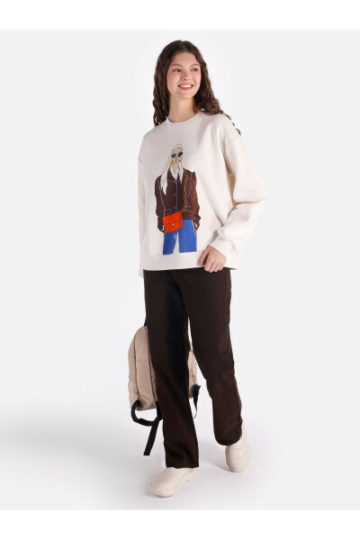 Women's ecru crew neck printed sweatshirt - 3