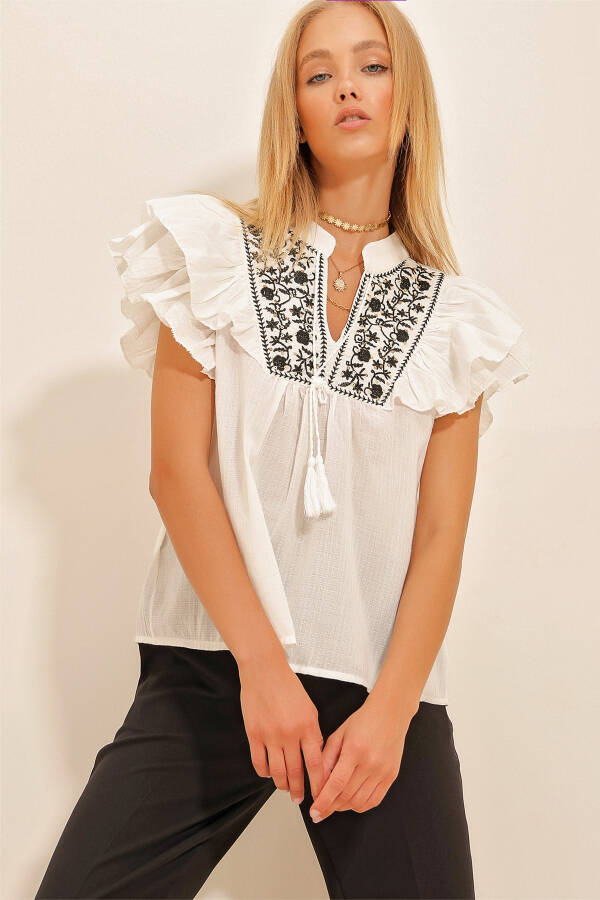 Women's Ecru Embroidered Blouse with Ruffled Sleeves ALC-X10741 - 1