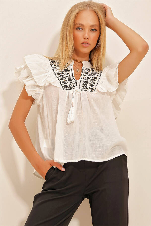 Women's Ecru Embroidered Blouse with Ruffled Sleeves ALC-X10741 - 2