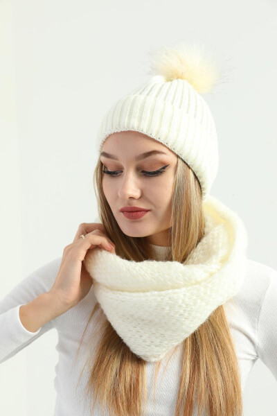 Women's Ecru Knit Pom Pom Beanie and Knitted Neck Warmer Set - 1