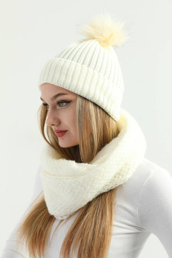 Women's Ecru Knit Pom Pom Beanie and Knitted Neck Warmer Set - 2