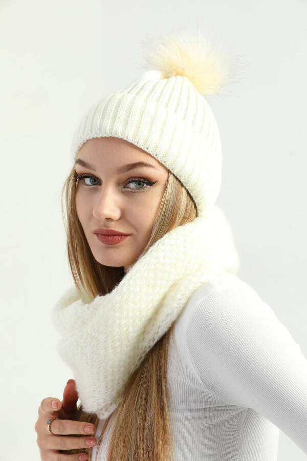 Women's Ecru Knit Pom Pom Beanie and Knitted Neck Warmer Set - 3