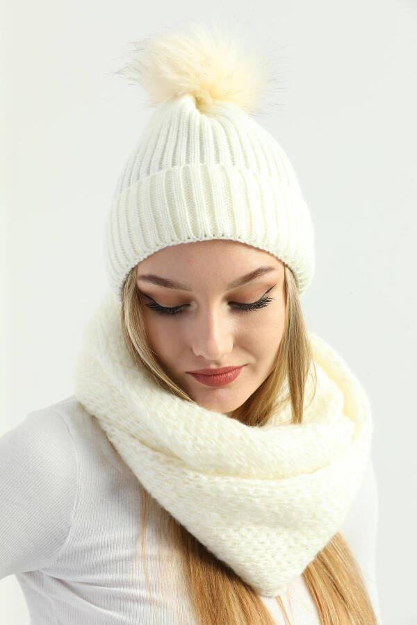 Women's Ecru Knit Pom Pom Beanie and Knitted Neck Warmer Set - 6