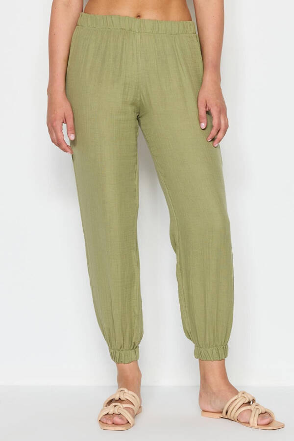 Women's Elastic Waist Organic Cotton Muslin Sweatpants 743 Khaki - 5