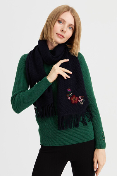 Women's Embroidered Wool Scarf K.Navy - 17