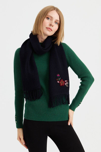 Women's Embroidered Wool Scarf K.Navy - 20