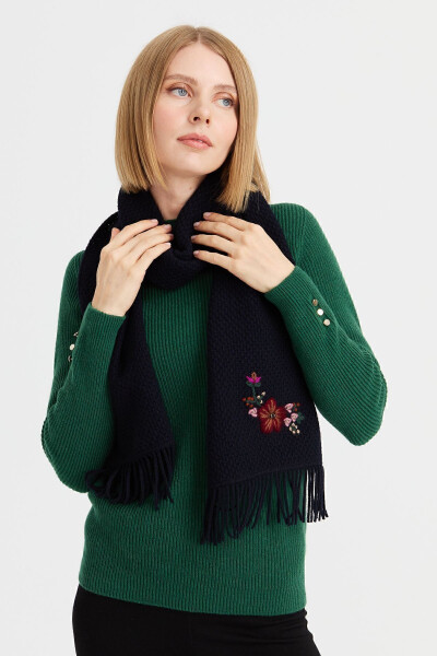 Women's Embroidered Wool Scarf K.Navy - 21