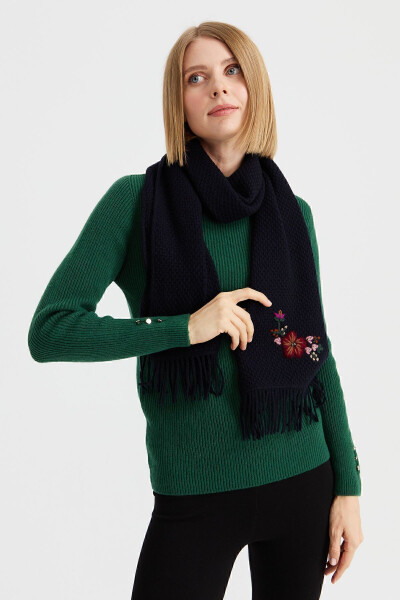 Women's Embroidered Wool Scarf K.Navy - 8