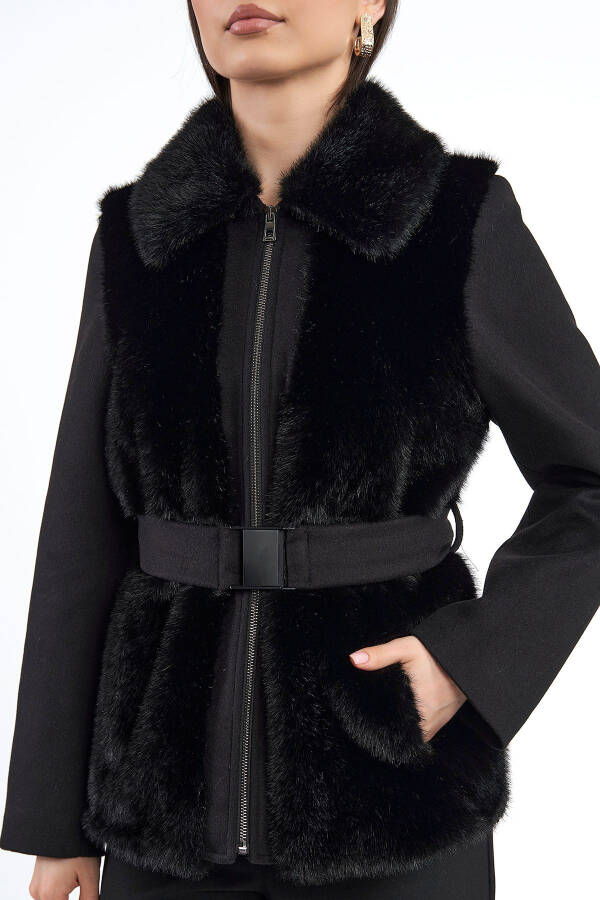 Women's Faux Fur Baby Collar Zipper Closure Belted Winter Regular Jacket - 8