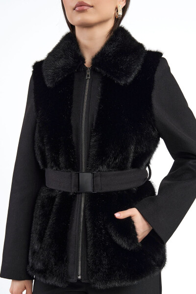 Women's Faux Fur Baby Collar Zipper Closure Belted Winter Regular Jacket - 4